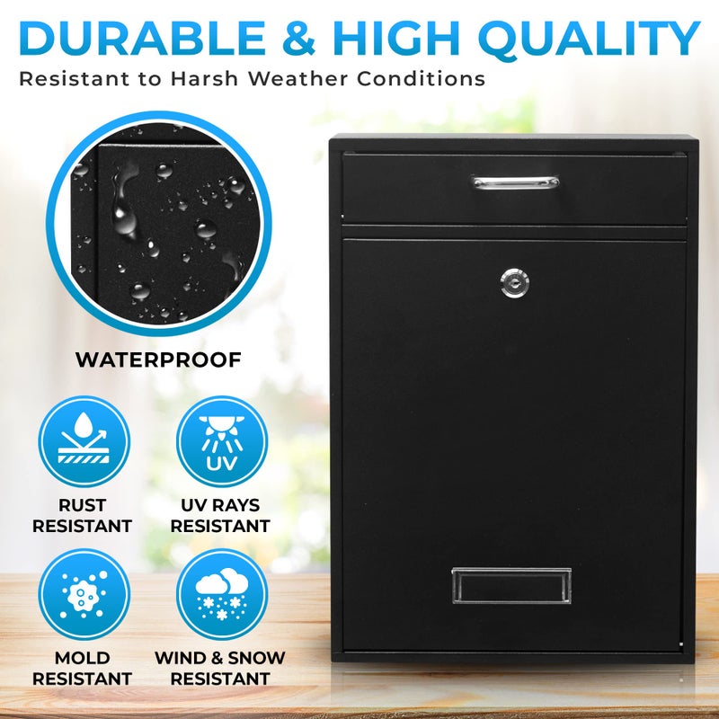 Yulli Wall Mounted Locking Vertical Dropbox Mailbox - Safe and Secure (Large) | Made with Galvanized Steel (Black) - Image 2